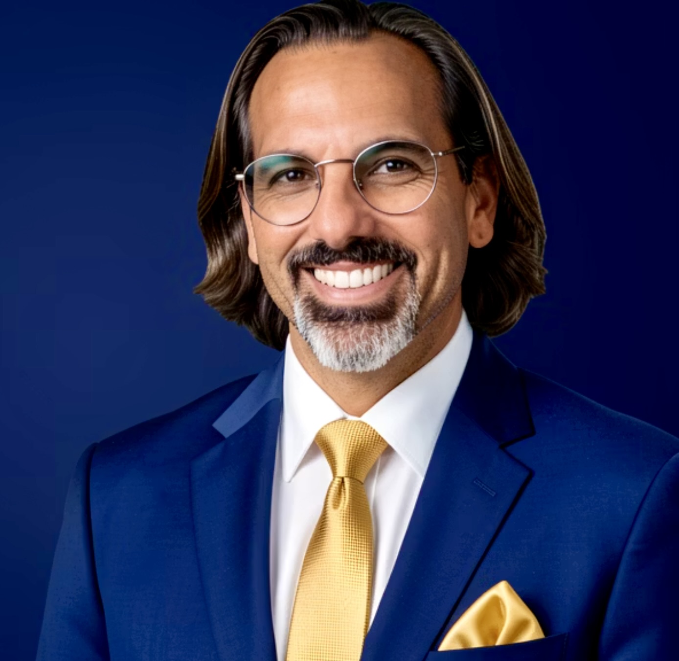 Portrait of James Crosson wearing a blue suit and gold tie.